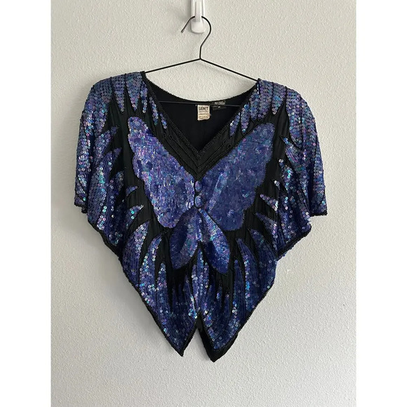Vintage 70s/80s BUTTERFLY Bluish purple sequin and beaded cape blouse top Sz M - Picture 6 of 15